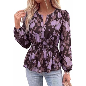 image:imageBTFBM Womens Tops Dressy Casual Floral V Neck Long Sleeve Chiffon Shirts  Chiffon Lantern Sleeve Flowy Peplum Sheer TopElastic Waist Babydoll BlousesBoho Vacation Outfits2026 Fall Fashion ClothingFloral Brown