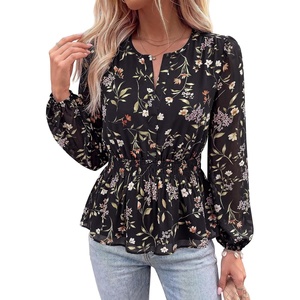 image:imageBTFBM Womens Tops Dressy Casual Floral V Neck Long Sleeve Chiffon Shirts  Chiffon Lantern Sleeve Flowy Peplum Sheer TopElastic Waist Babydoll BlousesBoho Vacation Outfits2026 Fall Fashion ClothingFloral Black Multicolored