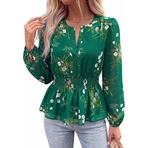 image:imageBTFBM Womens Tops Dressy Casual Floral V Neck Long Sleeve Chiffon Shirts  Chiffon Lantern Sleeve Flowy Peplum Sheer TopElastic Waist Babydoll BlousesBoho Vacation Outfits2026 Fall Fashion ClothingFloral Green