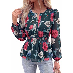 image:imageBTFBM Womens Tops Dressy Casual Floral V Neck Long Sleeve Chiffon Shirts  Chiffon Lantern Sleeve Flowy Peplum Sheer TopElastic Waist Babydoll BlousesBoho Vacation Outfits2026 Fall Fashion ClothingFloral Green Red