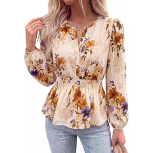 image:imageBTFBM Womens Tops Dressy Casual Floral V Neck Long Sleeve Chiffon Shirts  Chiffon Lantern Sleeve Flowy Peplum Sheer TopElastic Waist Babydoll BlousesBoho Vacation Outfits2026 Fall Fashion ClothingFloral Beige Orange
