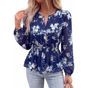 image:imageBTFBM Womens Tops Dressy Casual Floral V Neck Long Sleeve Chiffon Shirts  Chiffon Lantern Sleeve Flowy Peplum Sheer TopElastic Waist Babydoll BlousesBoho Vacation Outfits2026 Fall Fashion ClothingFloral Dark Blue White