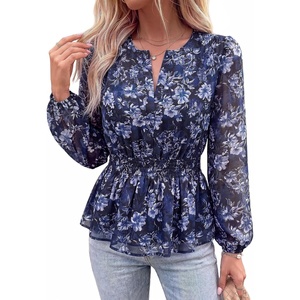 image:imageBTFBM Womens Tops Dressy Casual Floral V Neck Long Sleeve Chiffon Shirts  Chiffon Lantern Sleeve Flowy Peplum Sheer TopElastic Waist Babydoll BlousesBoho Vacation Outfits2026 Fall Fashion ClothingFloral Blue