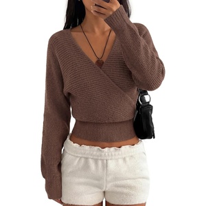 image:imageBTFBM Wrap Cross Ribbed Knit Cropped Sweaters for Women 2026  V Neck Cozy Sweater With Safe SnapLong Sleeve Fall Clothes Winter ClothingHoliday Outfits Christmas Thanksgiving HalloweenBrown