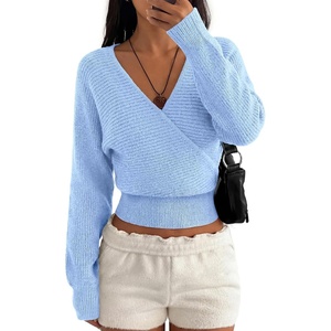 image:imageBTFBM Wrap Cross Ribbed Knit Cropped Sweaters for Women 2026  V Neck Cozy Sweater With Safe SnapLong Sleeve Fall Clothes Winter ClothingHoliday Outfits Christmas Thanksgiving HalloweenLight Blue