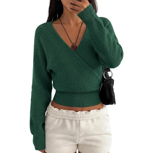 image:imageBTFBM Wrap Cross Ribbed Knit Cropped Sweaters for Women 2026  V Neck Cozy Sweater With Safe SnapLong Sleeve Fall Clothes Winter ClothingHoliday Outfits Christmas Thanksgiving HalloweenDark Green