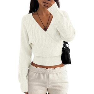 image:imageBTFBM Wrap Cross Ribbed Knit Cropped Sweaters for Women 2026  V Neck Cozy Sweater With Safe SnapLong Sleeve Fall Clothes Winter ClothingHoliday Outfits Christmas Thanksgiving HalloweenWhite