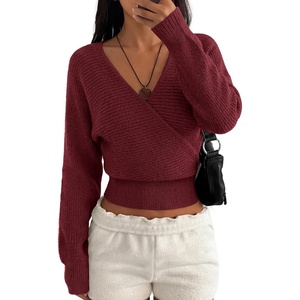 image:imageBTFBM Wrap Cross Ribbed Knit Cropped Sweaters for Women 2026  V Neck Cozy Sweater With Safe SnapLong Sleeve Fall Clothes Winter ClothingHoliday Outfits Christmas Thanksgiving HalloweenBurgundy