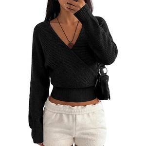 image:imageBTFBM Wrap Cross Ribbed Knit Cropped Sweaters for Women 2026  V Neck Cozy Sweater With Safe SnapLong Sleeve Fall Clothes Winter ClothingHoliday Outfits Christmas Thanksgiving HalloweenBlack