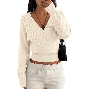image:imageBTFBM Wrap Cross Ribbed Knit Cropped Sweaters for Women 2026  V Neck Cozy Sweater With Safe SnapLong Sleeve Fall Clothes Winter ClothingHoliday Outfits Christmas Thanksgiving HalloweenBeige