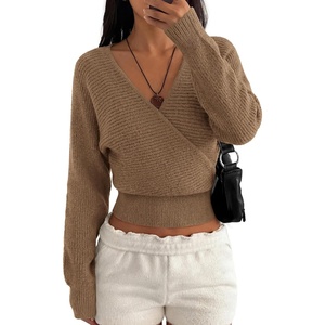 image:imageBTFBM Wrap Cross Ribbed Knit Cropped Sweaters for Women 2026  V Neck Cozy Sweater With Safe SnapLong Sleeve Fall Clothes Winter ClothingHoliday Outfits Christmas Thanksgiving HalloweenCamel