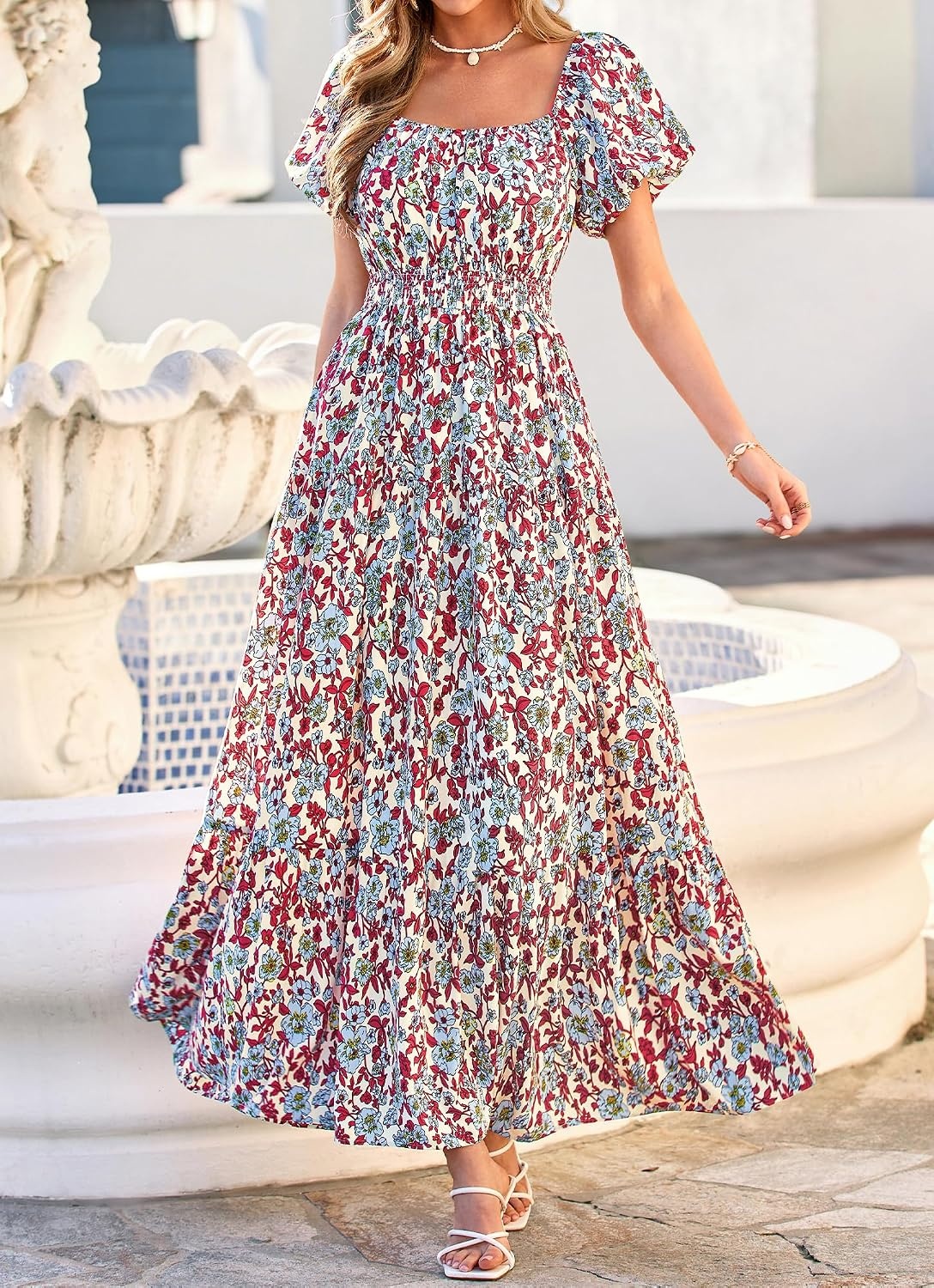 image:imageBTFBM Summer Dress for Women 2026 Spring Floral Short Sleeve Casual Flowy ALine Smocked Tiered Maxi Dresses PocketsFloral Beige Multicolor