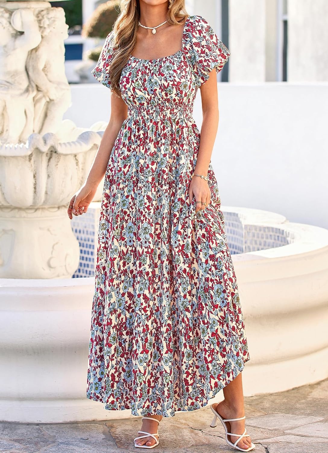 image:imageBTFBM Summer Dress for Women 2026 Spring Floral Short Sleeve Casual Flowy ALine Smocked Tiered Maxi Dresses PocketsFloral Beige Multicolor
