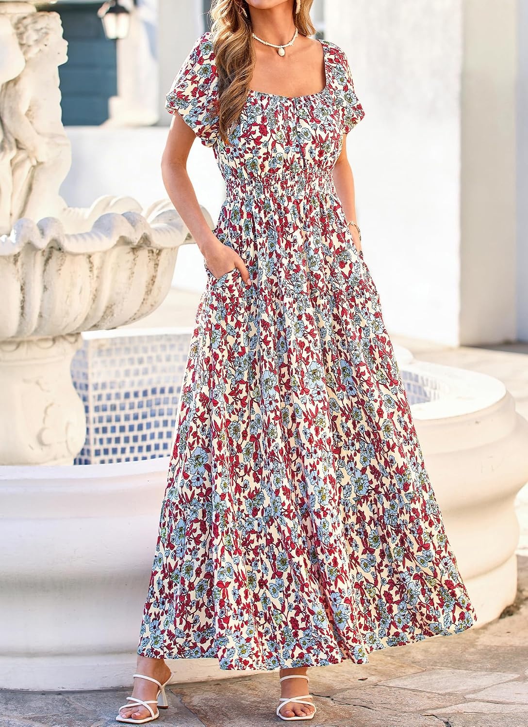 image:imageBTFBM Summer Dress for Women 2026 Spring Floral Short Sleeve Casual Flowy ALine Smocked Tiered Maxi Dresses PocketsFloral Beige Multicolor