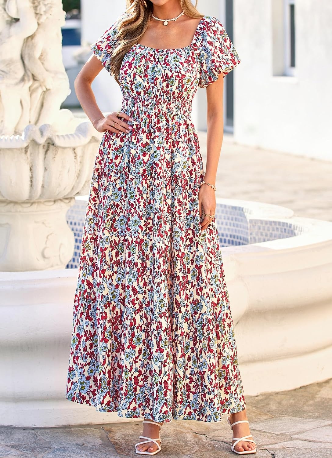 image:imageBTFBM Summer Dress for Women 2026 Spring Floral Short Sleeve Casual Flowy ALine Smocked Tiered Maxi Dresses PocketsFloral Beige Multicolor