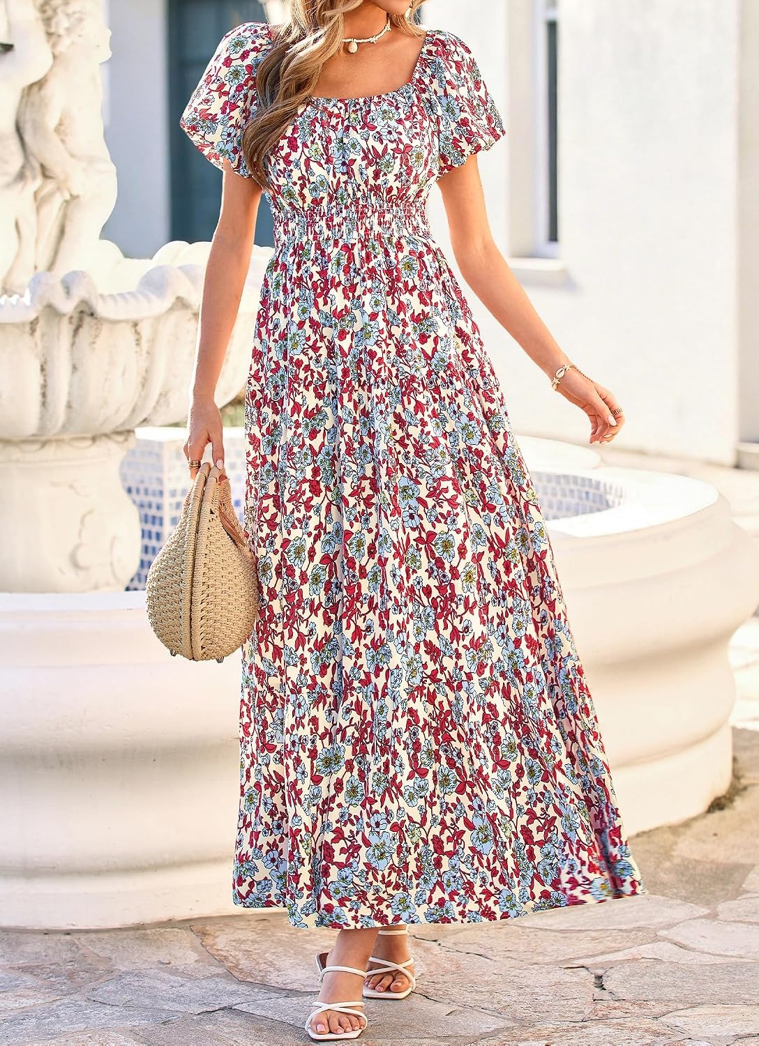 image:imageBTFBM Summer Dress for Women 2026 Spring Floral Short Sleeve Casual Flowy ALine Smocked Tiered Maxi Dresses PocketsFloral Beige Multicolor