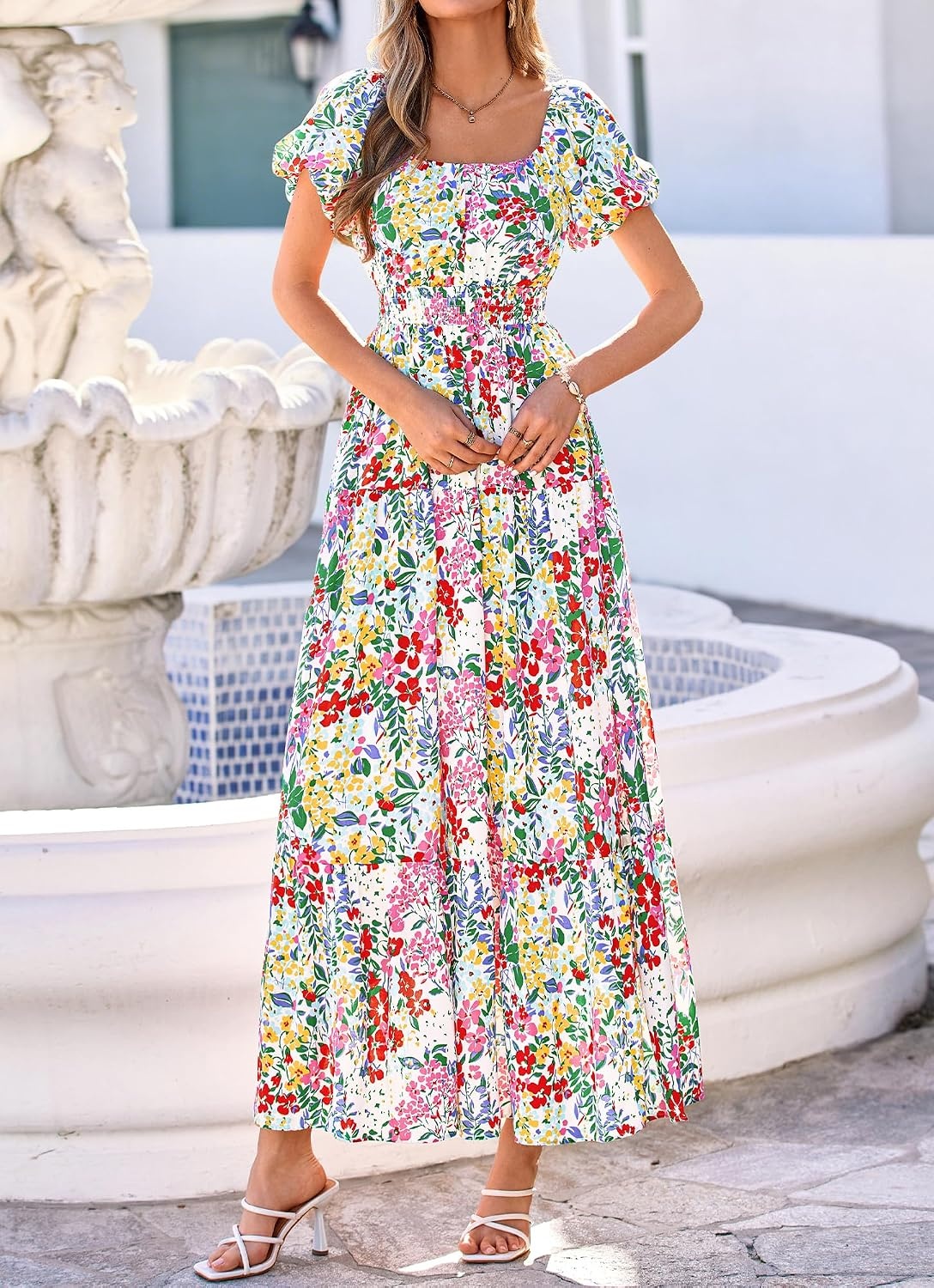 image:imageBTFBM Summer Dress for Women 2026 Spring Floral Short Sleeve Casual Flowy ALine Smocked Tiered Maxi Dresses PocketsFloral White Multicolor