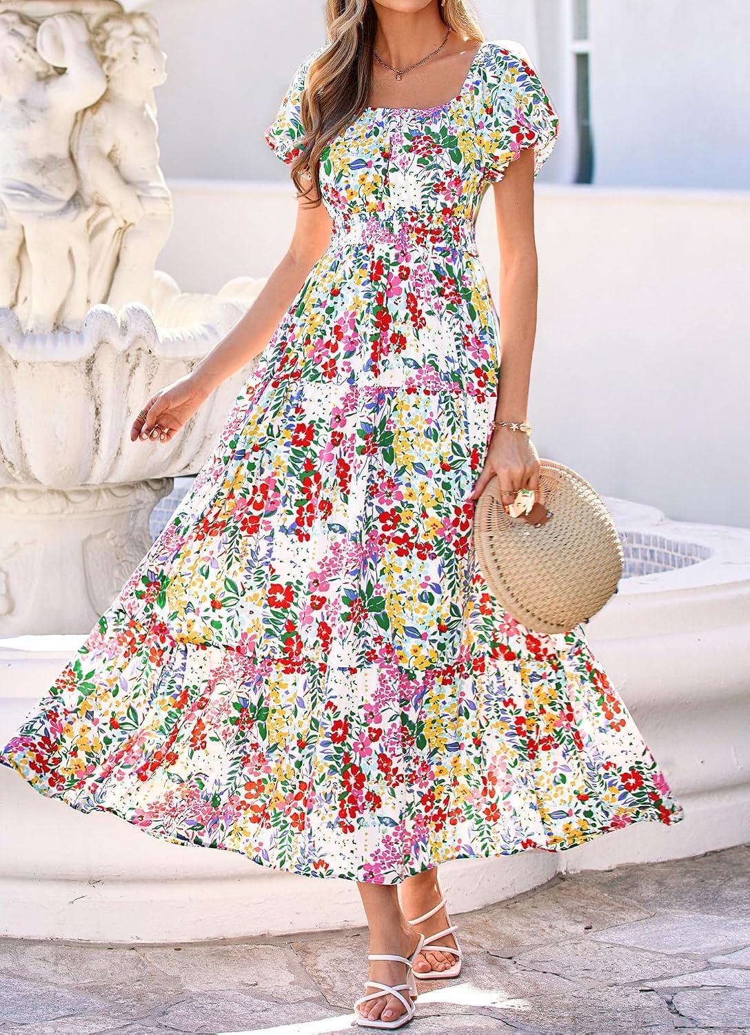 image:imageBTFBM Summer Dress for Women 2026 Spring Floral Short Sleeve Casual Flowy ALine Smocked Tiered Maxi Dresses PocketsFloral White Multicolor