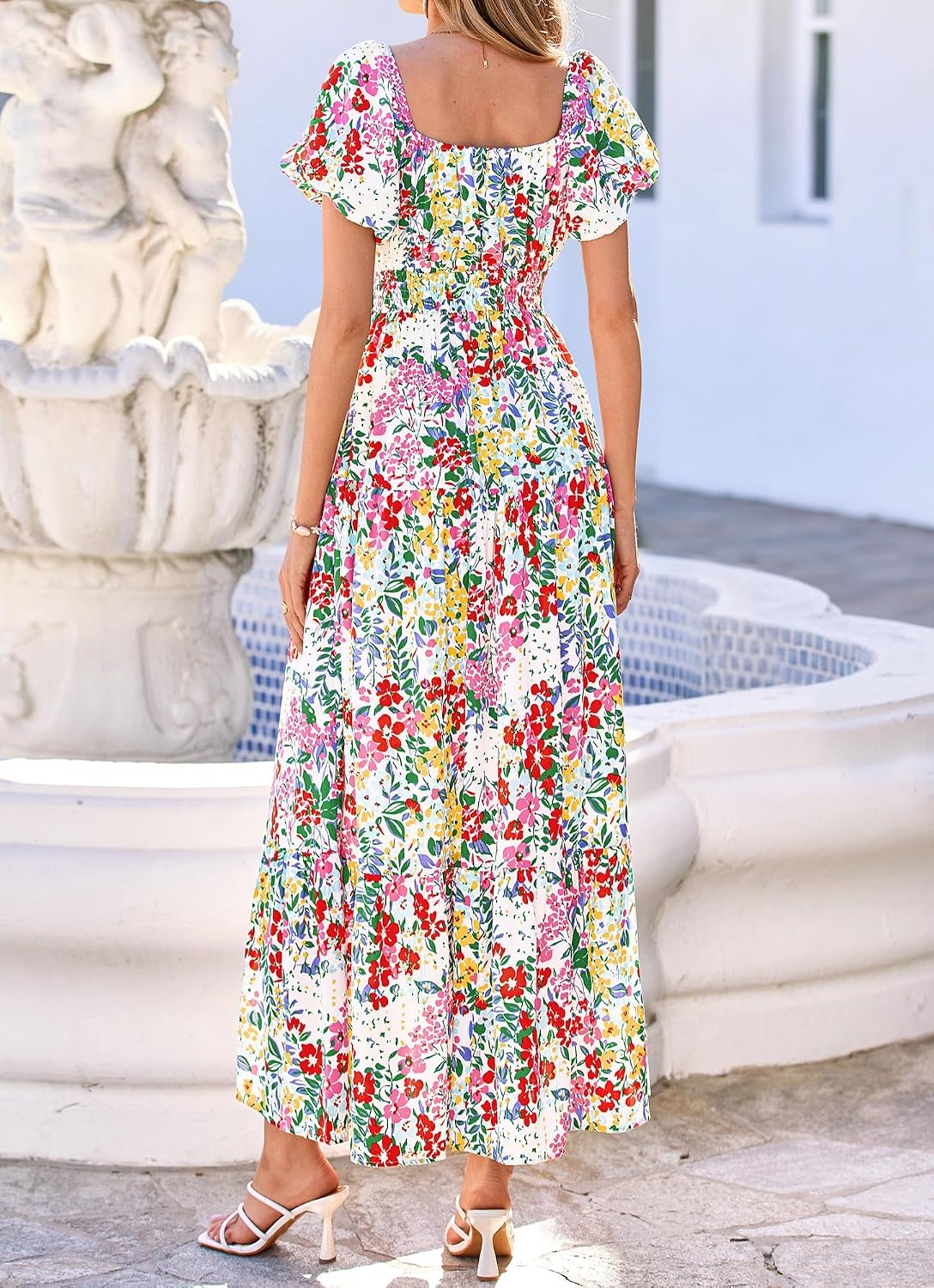 image:imageBTFBM Summer Dress for Women 2026 Spring Floral Short Sleeve Casual Flowy ALine Smocked Tiered Maxi Dresses PocketsFloral White Multicolor