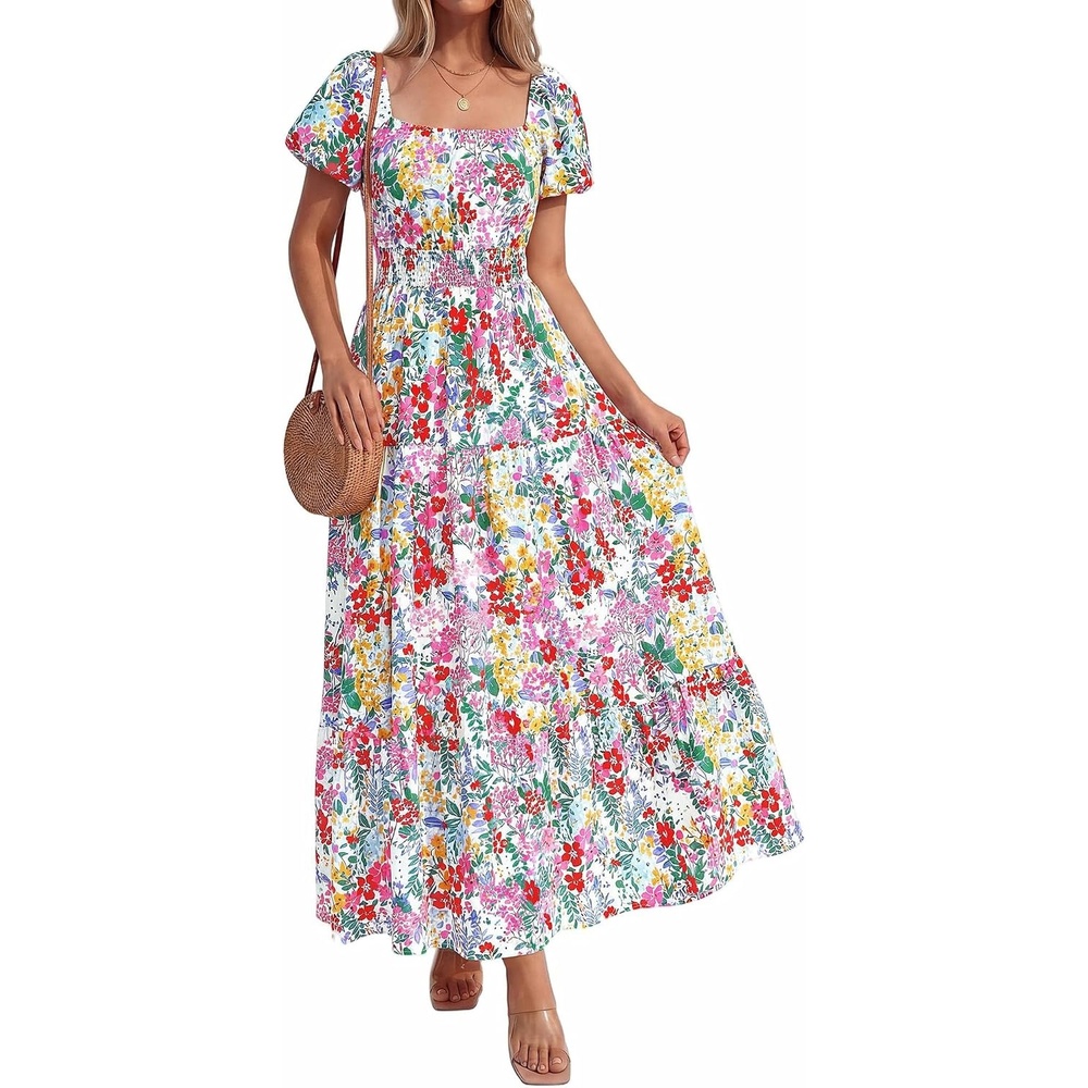 image:imageBTFBM Summer Dress for Women 2026 Spring Floral Short Sleeve Casual Flowy ALine Smocked Tiered Maxi Dresses PocketsFloral White Multicolor