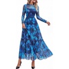 image:imageBTFBM Boho Mesh Long Sleeve Dress for Women  Mock Neck Floral A Line Tiered Baby Shower Graduation Wedding Cocktail Maxi Dresses 2026 Fall Fashion Resort WearFloral Navy Green