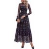 image:imageBTFBM Boho Mesh Long Sleeve Dress for Women  Mock Neck Floral A Line Tiered Baby Shower Graduation Wedding Cocktail Maxi Dresses 2026 Fall Fashion Resort WearFloral Black Royal Blue