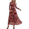 image:imageBTFBM Boho Mesh Long Sleeve Dress for Women  Mock Neck Floral A Line Tiered Baby Shower Graduation Wedding Cocktail Maxi Dresses 2026 Fall Fashion Resort WearFloral Red Brown