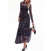 image:imageBTFBM Boho Mesh Long Sleeve Dress for Women  Mock Neck Floral A Line Tiered Baby Shower Graduation Wedding Cocktail Maxi Dresses 2026 Fall Fashion Resort WearFloral Black Royal Blue