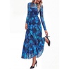 image:imageBTFBM Boho Mesh Long Sleeve Dress for Women  Mock Neck Floral A Line Tiered Baby Shower Graduation Wedding Cocktail Maxi Dresses 2026 Fall Fashion Resort WearFloral Navy Green