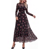 image:imageBTFBM Boho Mesh Long Sleeve Dress for Women  Mock Neck Floral A Line Tiered Baby Shower Graduation Wedding Cocktail Maxi Dresses 2026 Fall Fashion Resort WearFloral Black Orange