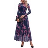 image:imageBTFBM Boho Mesh Long Sleeve Dress for Women  Mock Neck Floral A Line Tiered Baby Shower Graduation Wedding Cocktail Maxi Dresses 2026 Fall Fashion Resort WearFloral Navy Pink