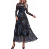 image:imageBTFBM Boho Mesh Long Sleeve Dress for Women  Mock Neck Floral A Line Tiered Baby Shower Graduation Wedding Cocktail Maxi Dresses 2026 Fall Fashion Resort WearFloral Black Blue