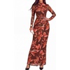 image:imageBTFBM Cocktail Dresses for Women Fall Fashion 2026  Mock Neck Floral Sheer Mesh Long Sleeve Ruched Twist Knot Slit GraduationBaby Shower Maxi Formal Wedding Guest DressFloral Red Brown
