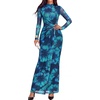 image:imageBTFBM Cocktail Dresses for Women Fall Fashion 2026  Mock Neck Floral Sheer Mesh Long Sleeve Ruched Twist Knot Slit GraduationBaby Shower Maxi Formal Wedding Guest DressFloral Blue Green