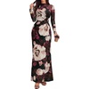 image:imageBTFBM Cocktail Dresses for Women Fall Fashion 2026  Mock Neck Floral Sheer Mesh Long Sleeve Ruched Twist Knot Slit GraduationBaby Shower Maxi Formal Wedding Guest DressFloral Black Apricot
