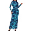 image:imageBTFBM Cocktail Dresses for Women Fall Fashion 2026  Mock Neck Floral Sheer Mesh Long Sleeve Ruched Twist Knot Slit GraduationBaby Shower Maxi Formal Wedding Guest DressFloral Blue Green