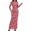 image:imageBTFBM Cocktail Dresses for Women Fall Fashion 2026  Mock Neck Floral Sheer Mesh Long Sleeve Ruched Twist Knot Slit GraduationBaby Shower Maxi Formal Wedding Guest DressFloral Pink Red