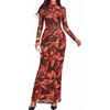 image:imageBTFBM Cocktail Dresses for Women Fall Fashion 2026  Mock Neck Floral Sheer Mesh Long Sleeve Ruched Twist Knot Slit GraduationBaby Shower Maxi Formal Wedding Guest DressFloral Red Brown