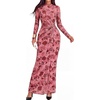 image:imageBTFBM Cocktail Dresses for Women Fall Fashion 2026  Mock Neck Floral Sheer Mesh Long Sleeve Ruched Twist Knot Slit GraduationBaby Shower Maxi Formal Wedding Guest DressFloral Pink Red