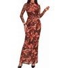 image:imageBTFBM Cocktail Dresses for Women Fall Fashion 2026  Mock Neck Floral Sheer Mesh Long Sleeve Ruched Twist Knot Slit GraduationBaby Shower Maxi Formal Wedding Guest DressFloral Red Brown