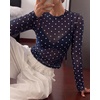 image:imageBTFBM Polka Dot Top Long Sleeve Shirts for Women  Sexy Crew Neck Sheer Mesh See Through Slim Fit Tight ShirtPartyCocktailNight OutGoing Out OutfitsFall Winter 2026Polka Dot Navy Blue White