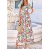image:imageBTFBM Summer Dress for Women 2026 Spring Floral Short Sleeve Casual Flowy ALine Smocked Tiered Maxi Dresses PocketsFloral White Multicolor