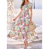 image:imageBTFBM Summer Dress for Women 2026 Spring Floral Short Sleeve Casual Flowy ALine Smocked Tiered Maxi Dresses PocketsFloral White Multicolor