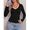 image:imageBTFBM V Neck Fall Long Sleeve Shirts for Women  Stretchy Slim Fit Basic Tees Color Block Going Out Tops Y2K Workout Vacation Outfits Underscrubs Winter Layering 2026Black