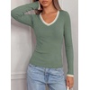 image:imageBTFBM V Neck Fall Long Sleeve Shirts for Women  Stretchy Slim Fit Basic Tees Color Block Going Out Tops Y2K Workout Vacation Outfits Underscrubs Winter Layering 2026Sage Green