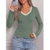 image:imageBTFBM V Neck Fall Long Sleeve Shirts for Women  Stretchy Slim Fit Basic Tees Color Block Going Out Tops Y2K Workout Vacation Outfits Underscrubs Winter Layering 2026Sage Green
