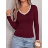 image:imageBTFBM V Neck Fall Long Sleeve Shirts for Women  Stretchy Slim Fit Basic Tees Color Block Going Out Tops Y2K Workout Vacation Outfits Underscrubs Winter Layering 2026Burgundy