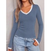 image:imageBTFBM V Neck Fall Long Sleeve Shirts for Women  Stretchy Slim Fit Basic Tees Color Block Going Out Tops Y2K Workout Vacation Outfits Underscrubs Winter Layering 2026Grey Blue