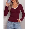 image:imageBTFBM V Neck Fall Long Sleeve Shirts for Women  Stretchy Slim Fit Basic Tees Color Block Going Out Tops Y2K Workout Vacation Outfits Underscrubs Winter Layering 2026Burgundy