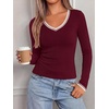 image:imageBTFBM V Neck Fall Long Sleeve Shirts for Women  Stretchy Slim Fit Basic Tees Color Block Going Out Tops Y2K Workout Vacation Outfits Underscrubs Winter Layering 2026Burgundy